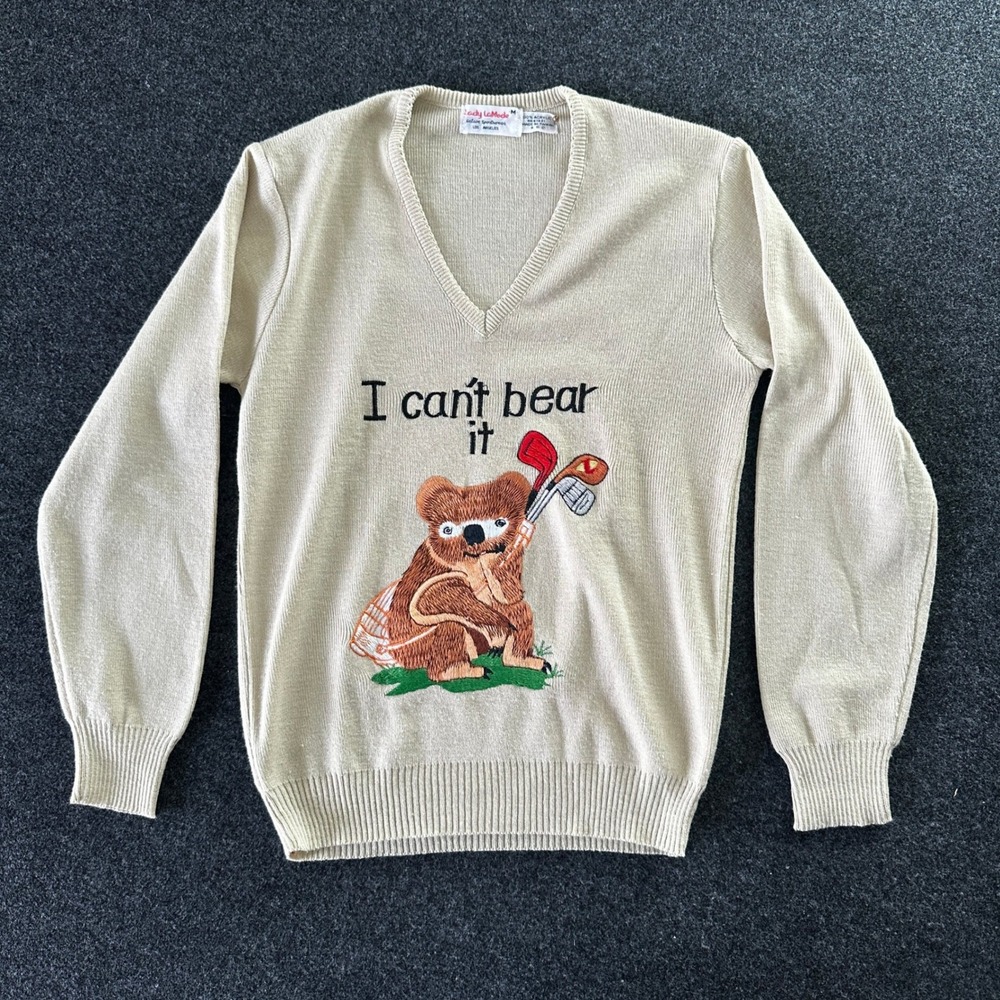 Vintage Lady LaMode Koala Golf Sweater V-Neck Beige Embroidered Womens Medium